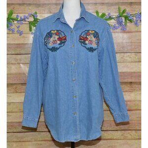 Vintage Quizz Again Cotton Denim Button Up Shirt Size M Embroidered Christmas